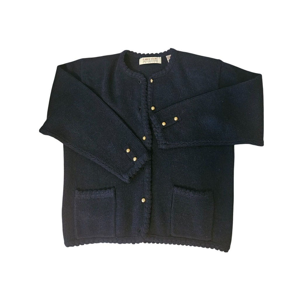 Vtg Karen‎ Scott Wool Blend Cardigan PM Navy Medium Button Front Sweater Padded